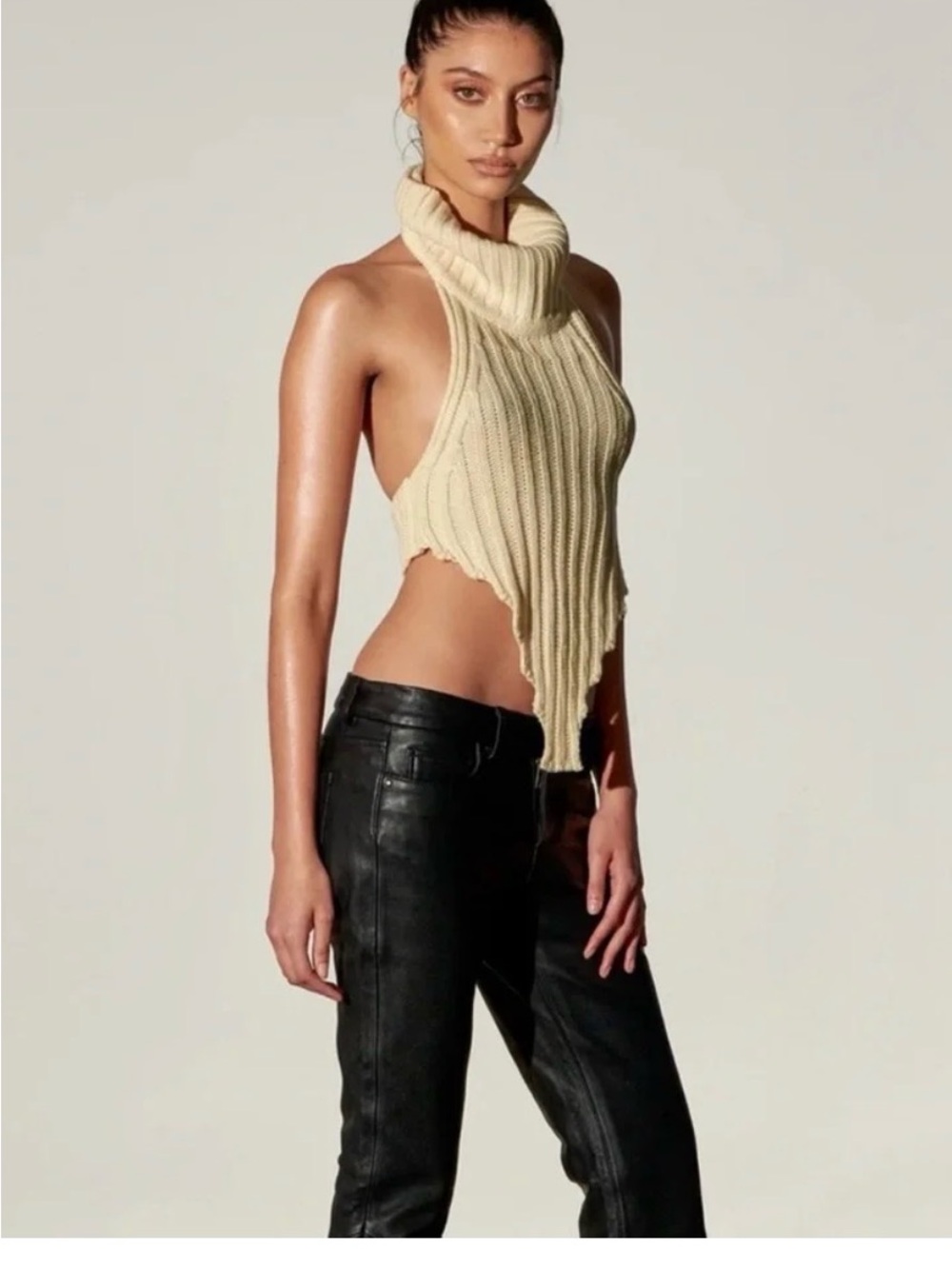 Cream Ribbed Knit Women's Sweater Halter Top